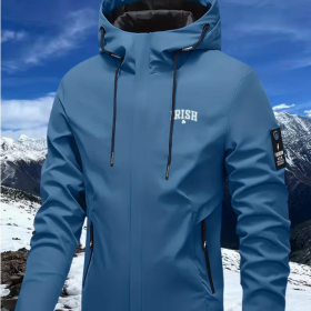 Blue Irish clover zip-up windbreaker jacket, front view