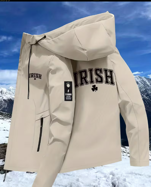 Stone Irish clover zip-up windbreaker jacket, angled view