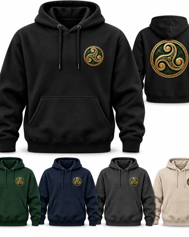 Men's Celtic Spiral Pullover Hoodie illustrative mock-up showing Black, Forest green, Navy, Charcoal, Stone