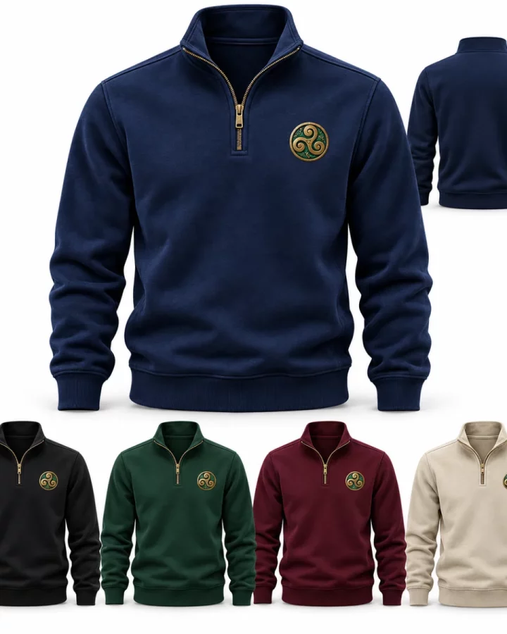 Men's Celtic Spiral Quarter-Zip illustrative mock-up showing Navy, Black, Forest green, Burgundy, Stone