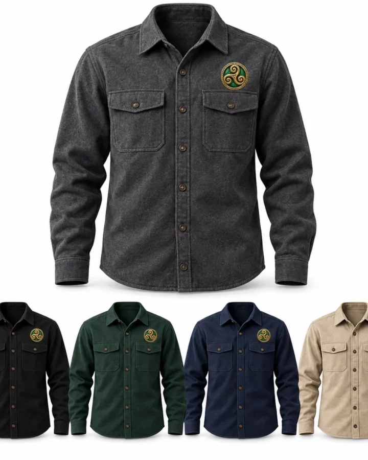 Men's Celtic Spiral Overshirt illustrative mock-up showing Charcoal, Black, Forest green, Navy, Sand
