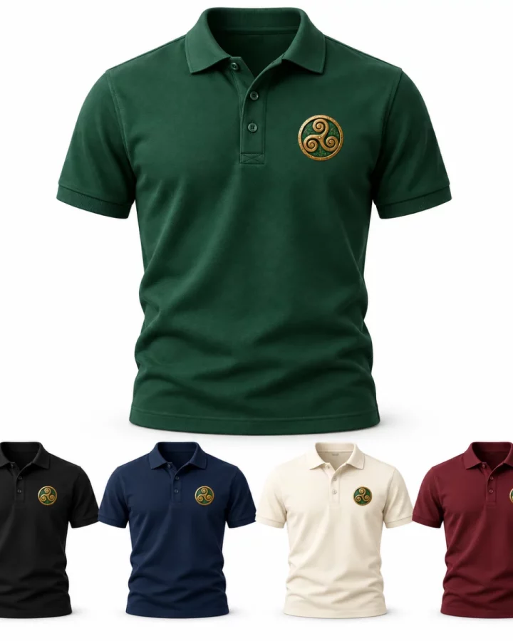 Men's Celtic Spiral Polo illustrative mock-up showing Forest green, Black, Navy, Cream, Burgundy