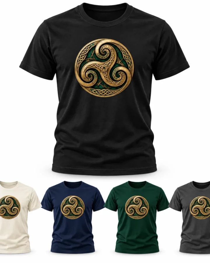Men's Celtic Spiral Graphic Tee illustrative mock-up showing Black, Cream, Navy, Forest green, Charcoal