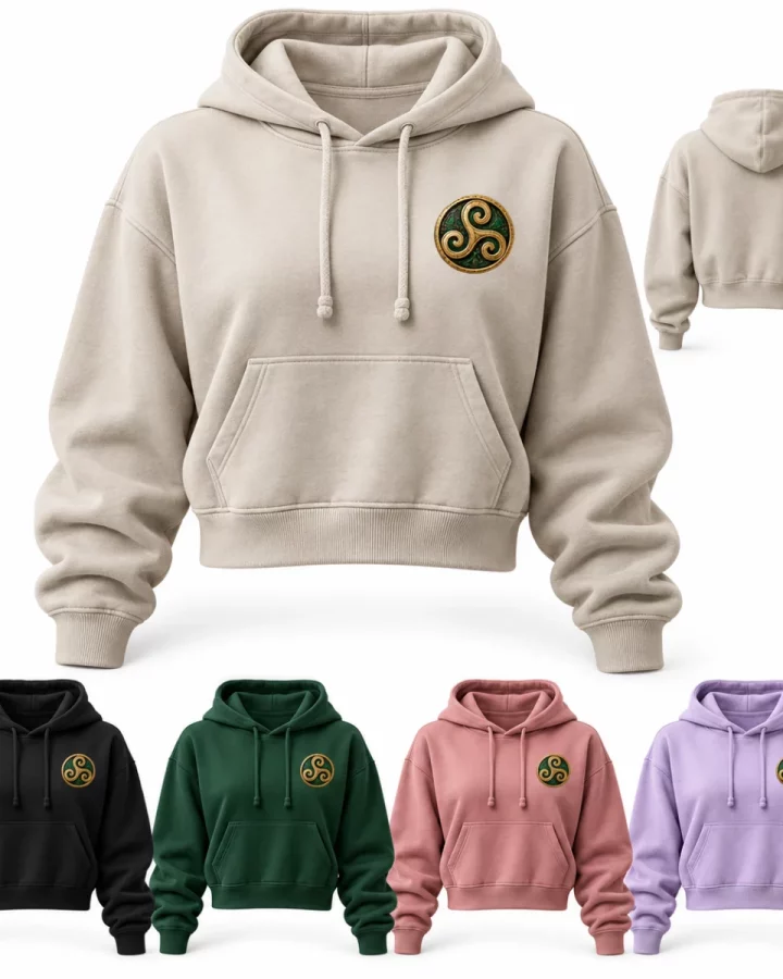 Women's Celtic Spiral Cropped Hoodie illustrative mock-up showing Stone, Black, Forest green, Dusty rose, Lilac