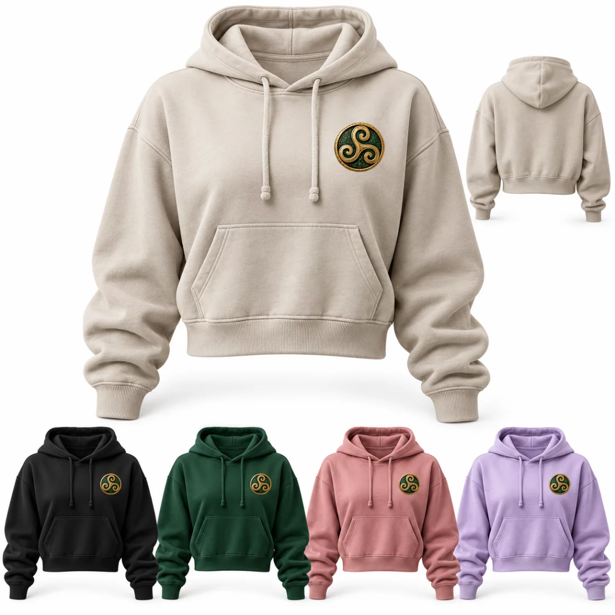 Women's Celtic Spiral Cropped Hoodie Women's Celtic Spiral Cropped Hoodie illustrative mock-up showing Stone, Black, Forest green, Dusty rose, Lilac