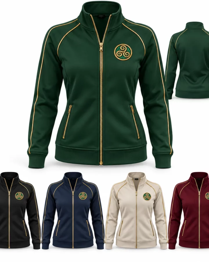 Women's Celtic Spiral Zip Jacket illustrative mock-up showing Forest green, Black, Navy, Stone, Burgundy