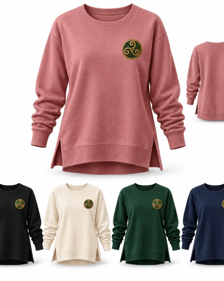 Women's Celtic Spiral Longline Sweatshirt illustrative mock-up showing Dusty rose, Black, Cream, Forest green, Navy