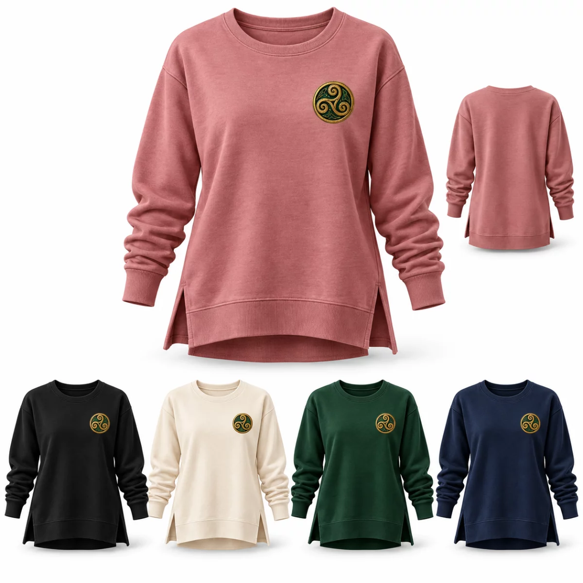 Women's Celtic Spiral Longline Sweatshirt Women's Celtic Spiral Longline Sweatshirt illustrative mock-up showing Dusty rose, Black, Cream, Forest green, Navy