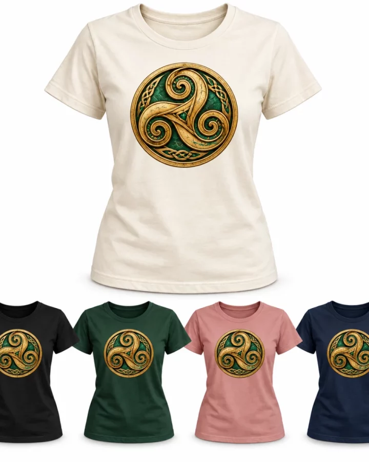 Women's Celtic Spiral Relaxed Tee illustrative mock-up showing Cream, Black, Forest green, Dusty rose, Navy