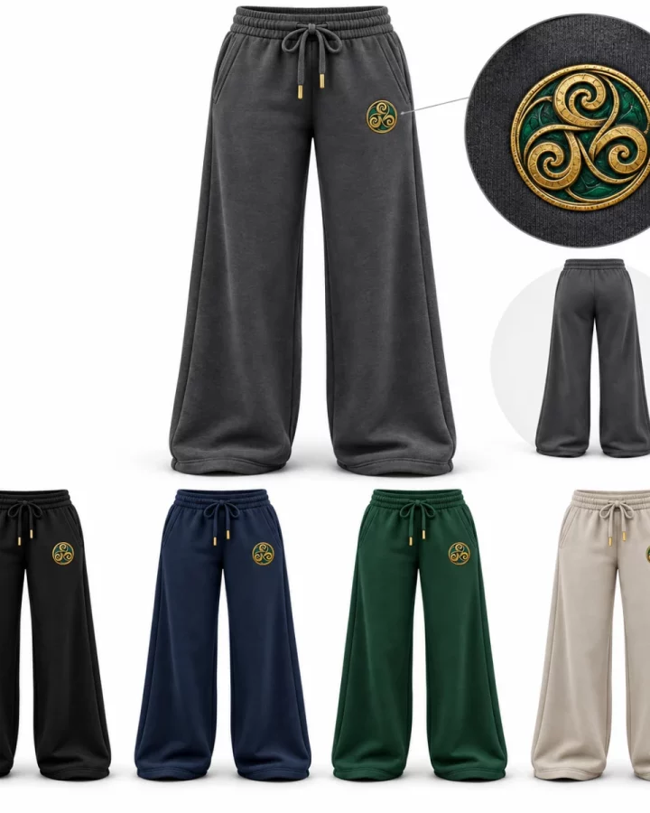 Women's Celtic Spiral Wide-Leg Joggers illustrative mock-up showing Charcoal, Black, Navy, Forest green, Stone