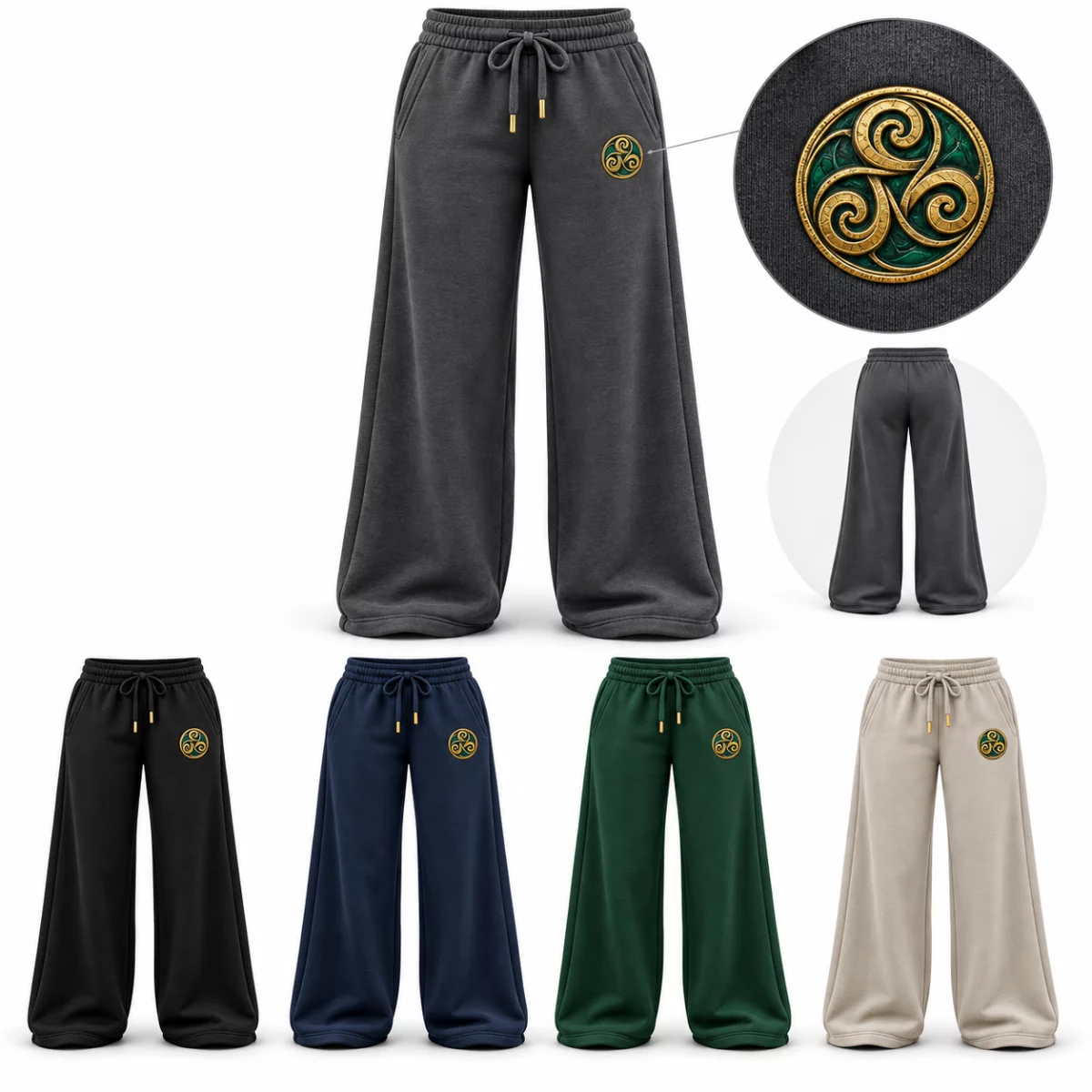 Women's Celtic Spiral Wide-Leg Joggers Women's Celtic Spiral Wide-Leg Joggers illustrative mock-up showing Charcoal, Black, Navy, Forest green, Stone