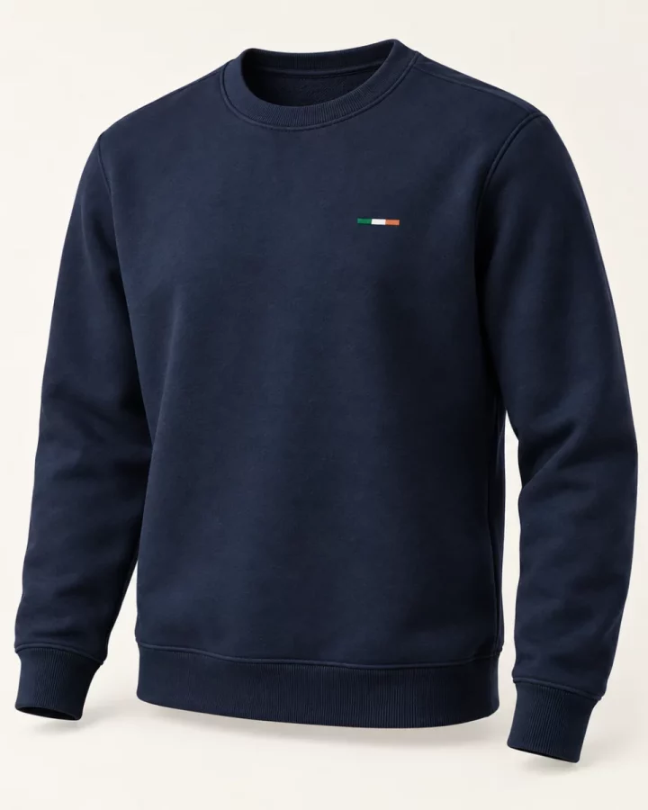 Navy Tricolour Detail Sweatshirt design mock-up: Small tricolour chest bar; navy ribbed neckline cuffs and hem