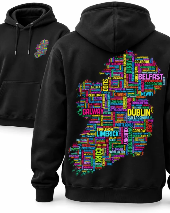 Black Colourful Ireland Place Names Hoodie design mock-up: Small map on left chest; large matching map on back; supplied artwork
