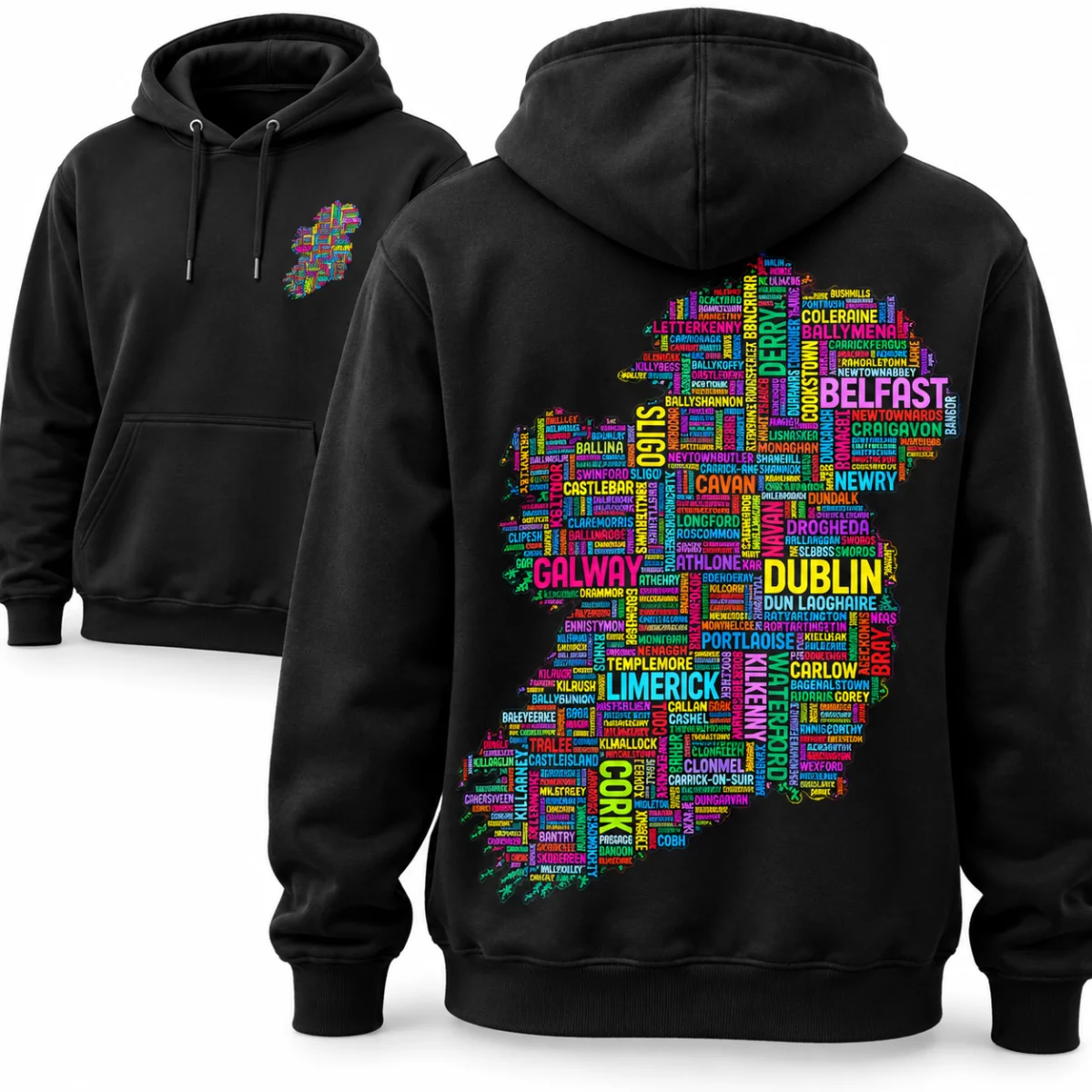 Colourful Ireland Place Names Hoodie Black Colourful Ireland Place Names Hoodie design mock-up: Small map on left chest; large matching map on back; supplied artwork