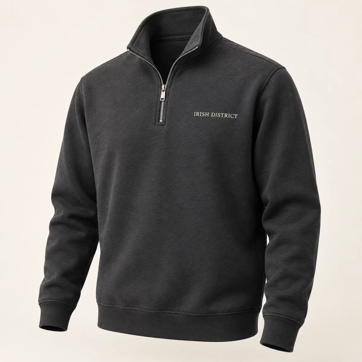 District Quarter-Zip Sweatshirt Charcoal District Quarter-Zip Sweatshirt design mock-up: Small IRISH DISTRICT left-chest lettering; silver-tone quarter zip