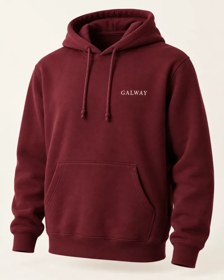 Burgundy County Lines Hoodie design mock-up: Small cream GALWAY chest wordmark; burgundy body; plain back