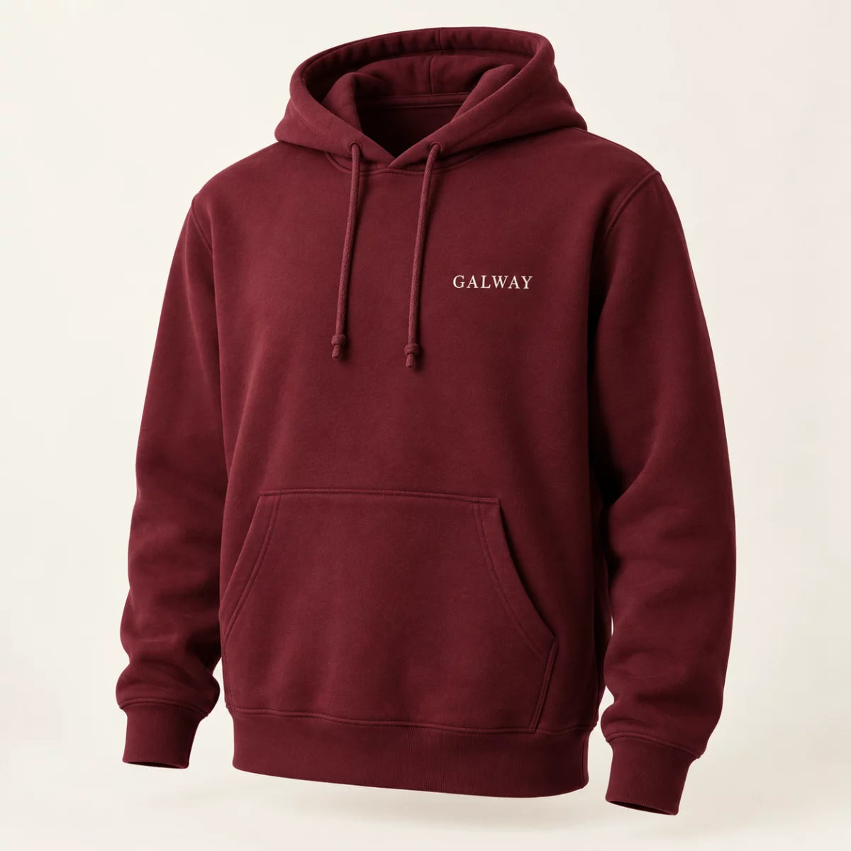 County Lines Hoodie Burgundy County Lines Hoodie design mock-up: Small cream GALWAY chest wordmark; burgundy body; plain back