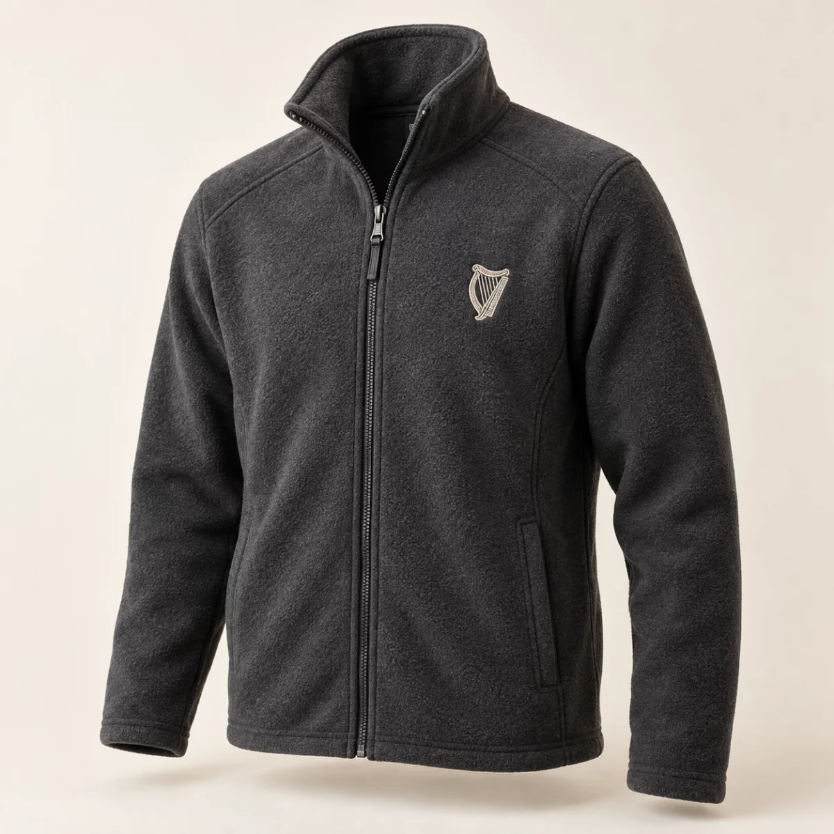 Harp Trail Fleece Charcoal Harp Trail Fleece design mock-up: Cream harp chest motif; charcoal fleece appearance; full zip