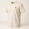 Cream Shamrock Signature T-Shirt design mock-up: Small green shamrock left chest; plain back; crew neck