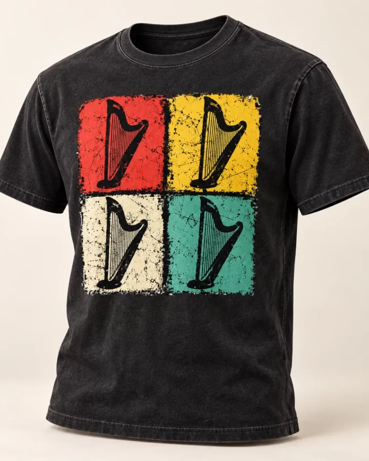 Washed black Four Harps Graphic T-Shirt design mock-up: Supplied four-harp grid centred on front; no checkerboard background