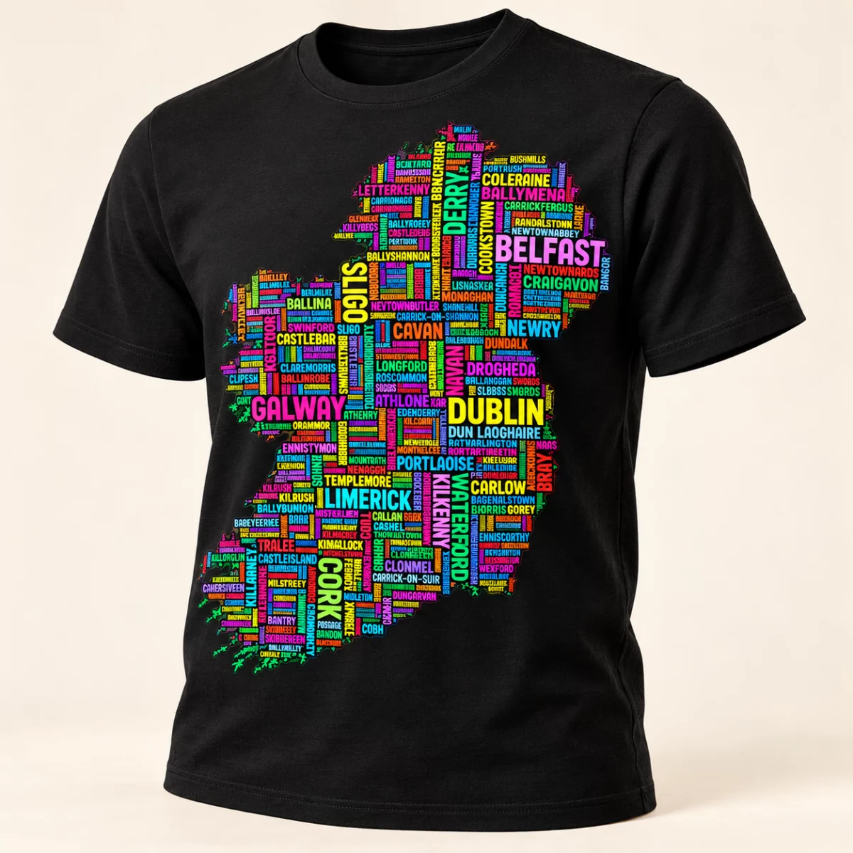 Ireland Typography T-Shirt Black Ireland Typography T-Shirt design mock-up: Supplied colourful place-name Ireland map centred on front