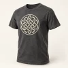 Charcoal Celtic Knot Vintage T-Shirt design mock-up: Cream Celtic knot chest graphic; charcoal vintage-wash appearance