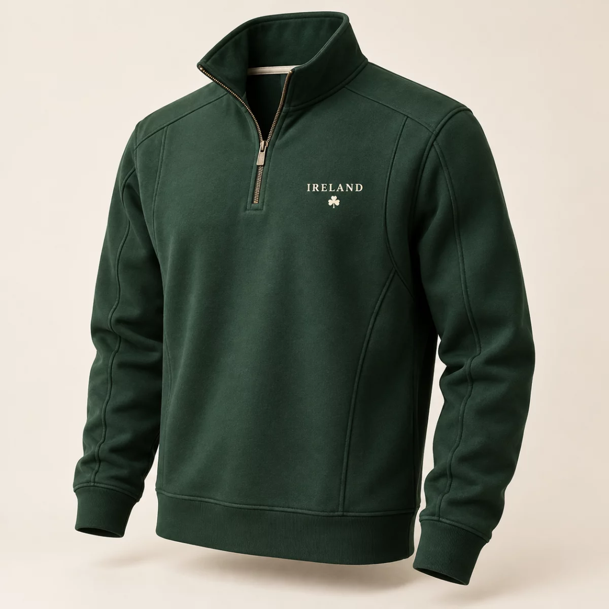 Ireland Training Quarter-Zip Forest green Ireland Training Quarter-Zip design mock-up: Small cream IRELAND chest lettering; quarter zip; tonal panel lines