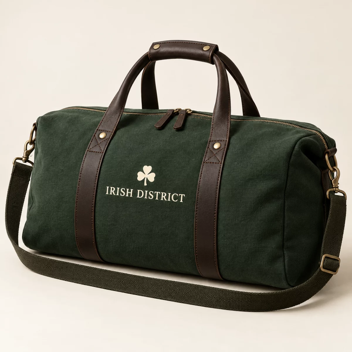 District Canvas Weekend Bag Forest green District Canvas Weekend Bag design mock-up: Forest-green canvas appearance; dark handles; cream IRISH DISTRICT wordmark