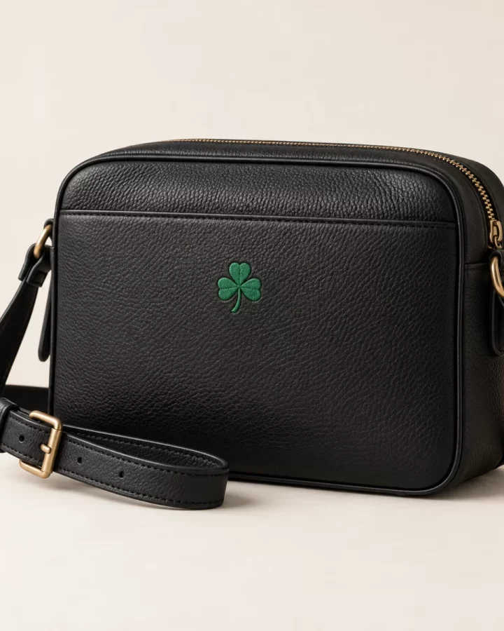 Black Shamrock Crossbody Bag design mock-up: Small green shamrock; black rectangular crossbody; adjustable strap