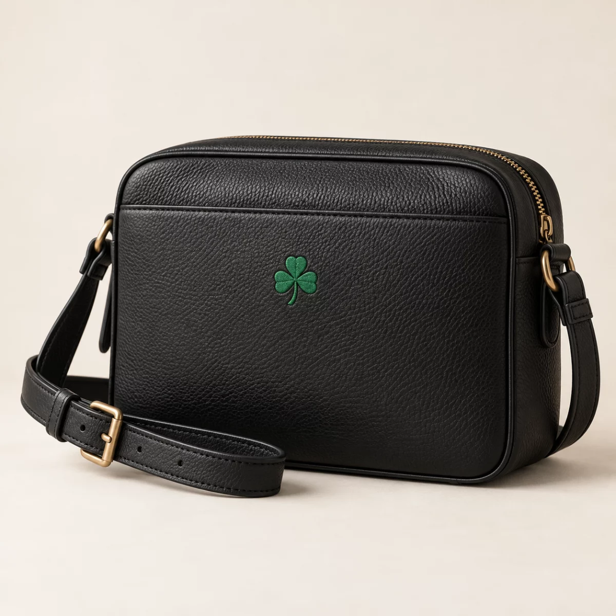 Shamrock Crossbody Bag Black Shamrock Crossbody Bag design mock-up: Small green shamrock; black rectangular crossbody; adjustable strap