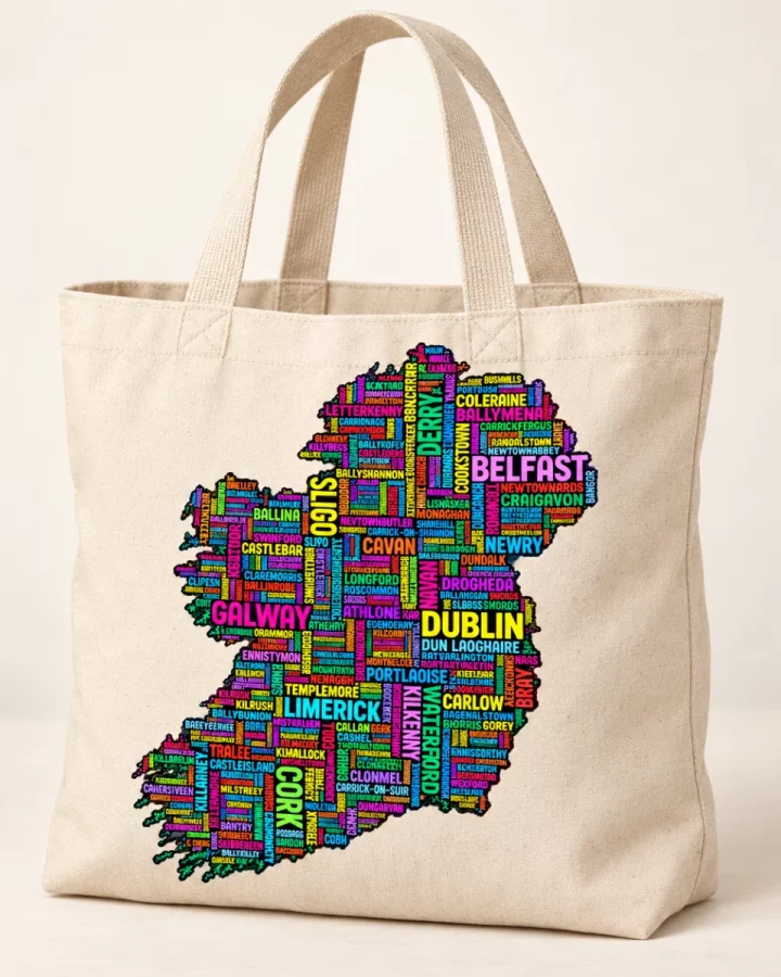 Natural Ireland Places Tote Bag design mock-up: Supplied map artwork on front of natural canvas-style tote