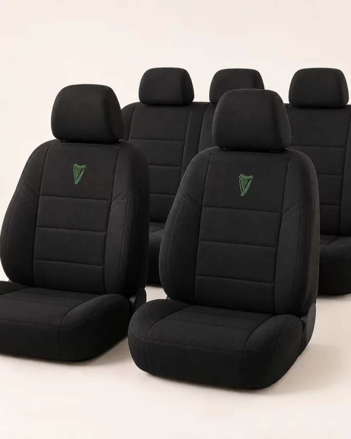Black Heritage Car Seat Cover Set design mock-up: Black seat cover concept; small green harp; no vehicle compatibility claims