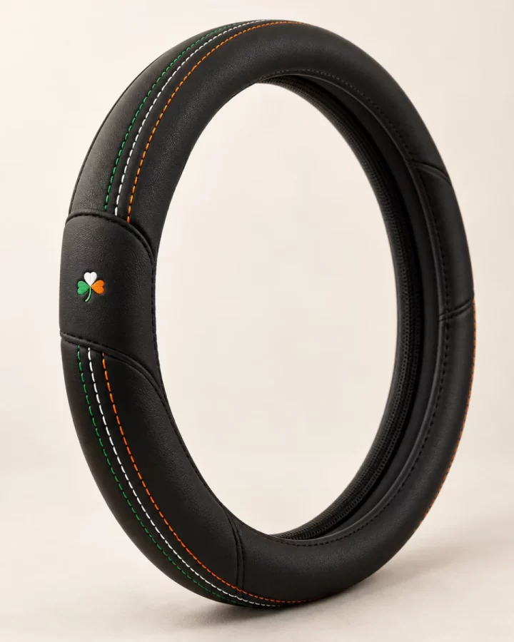 Black District Steering Wheel Cover design mock-up: Black wheel cover design; discreet green white orange seam stitching