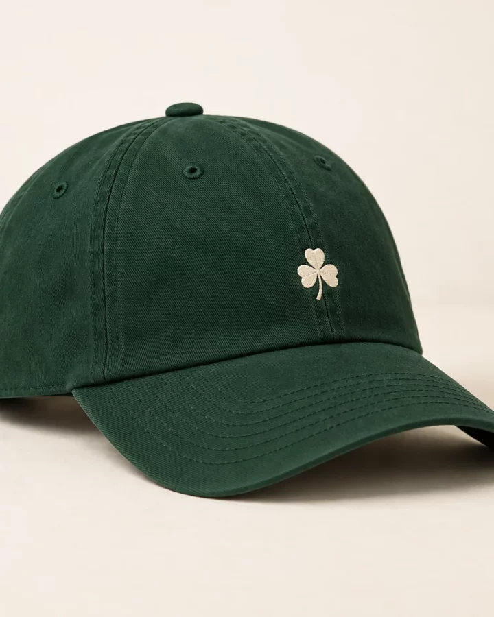 Forest green Shamrock Signature Cap design mock-up: Small cream shamrock front; forest-green six-panel cap; curved peak