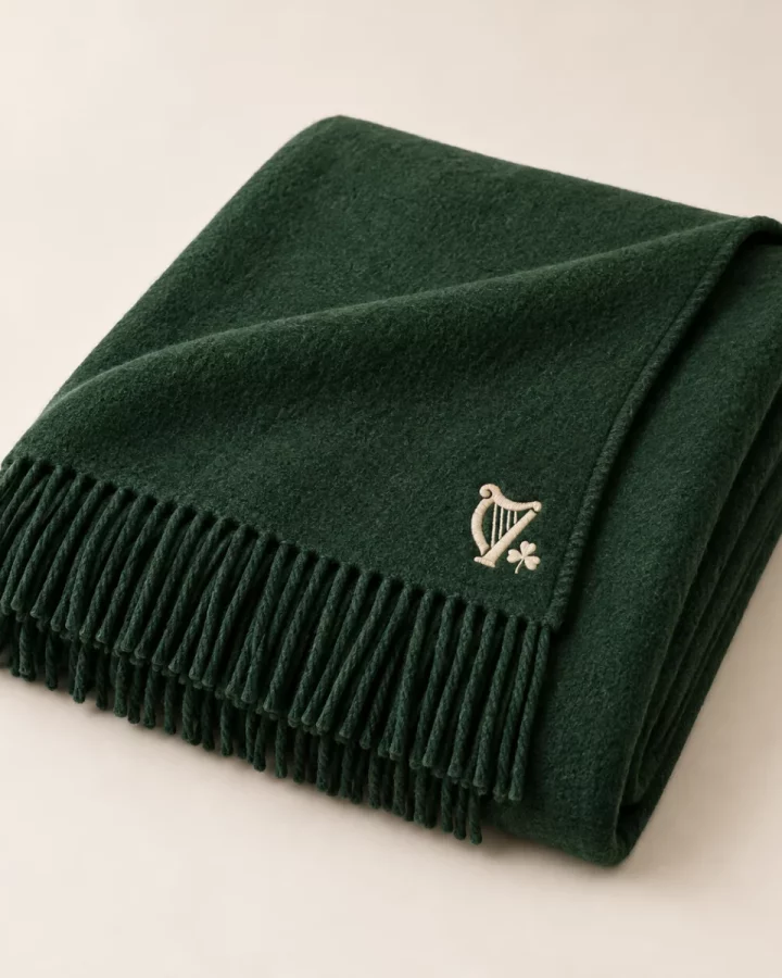 Forest green Heritage Harp Blanket design mock-up: Forest-green blanket; small cream harp near corner; plain reverse