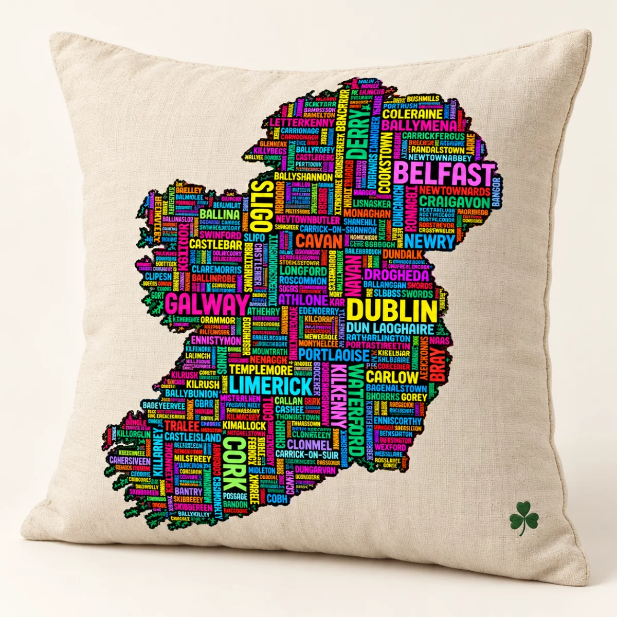 Ireland Places Cushion Natural Ireland Places Cushion design mock-up: Supplied Ireland map artwork on natural square cushion front