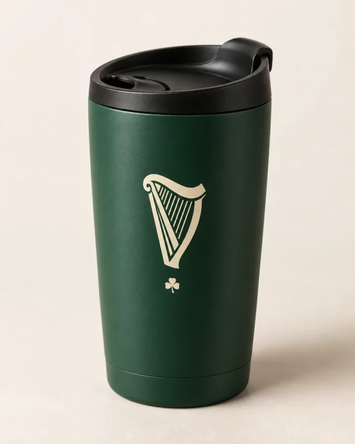 Forest green Harp Travel Tumbler design mock-up: Forest-green cylindrical travel tumbler; cream harp; black lid