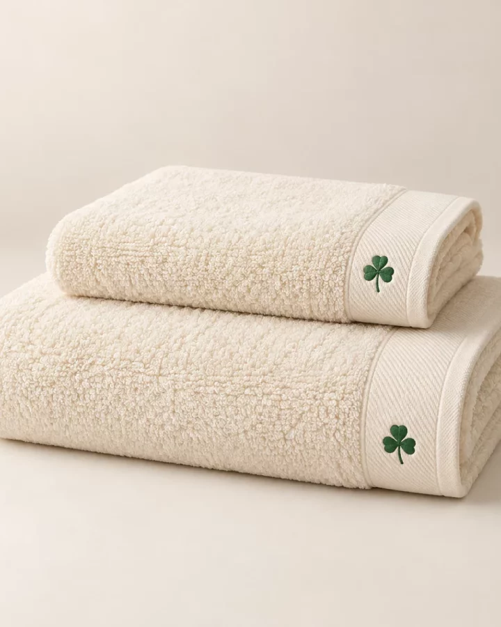Cream Shamrock Bath Towel Set design mock-up: Two cream towels in concept image; small green shamrocks near hems