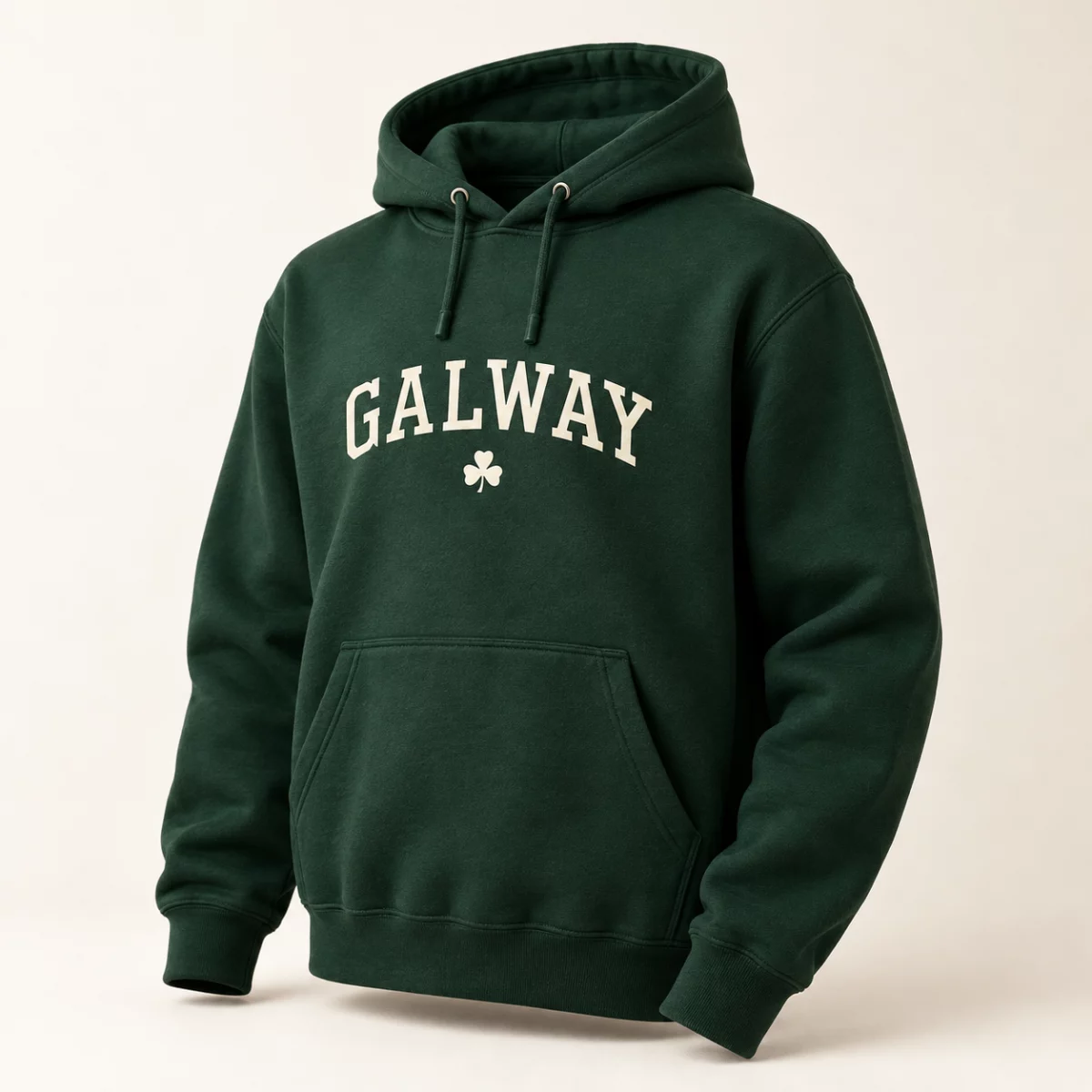 Personalised County Hoodie Forest green Personalised County Hoodie design mock-up: Cream GALWAY sample chest text; forest-green hoodie; sample personalisation