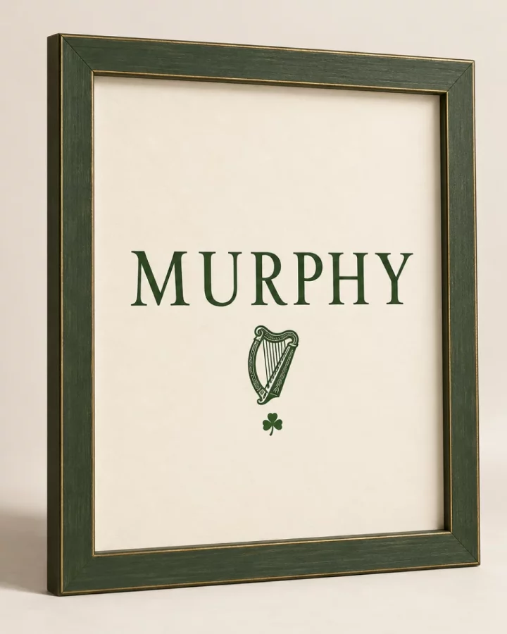 Cream and green Personalised Surname Wall Print design mock-up: MURPHY sample surname; small green harp; cream art print; no invented crest