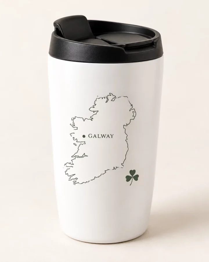 White Personalised Ireland Map Travel Mug design mock-up: White travel mug; small Ireland outline; GALWAY sample place name; black lid