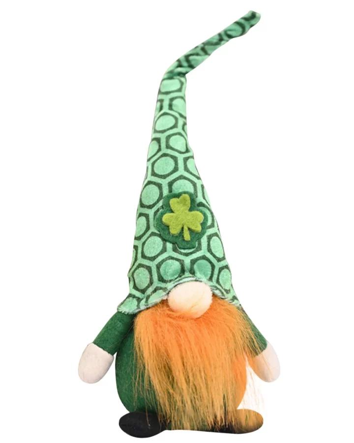 Green knitted St Patrick's Day gnome plush, braided design