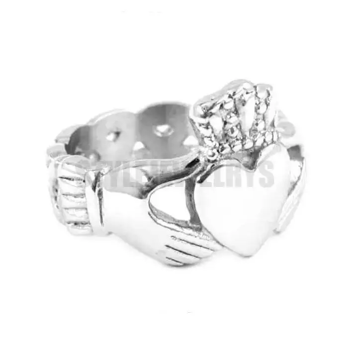 Stainless steel Claddagh ring Ring styles laid out showing silver finish variants