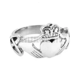 Stainless steel Claddagh ring Gold-tone Claddagh ring, angled view showing crown detail