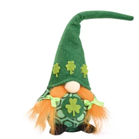 Close-up of plush nose and fibre beard on green gnome