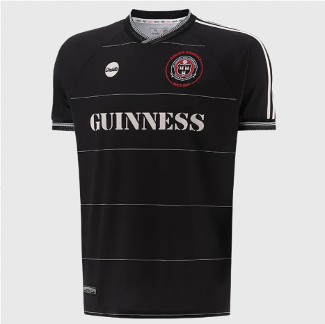 Front of black Bohemians Guinness-style adult jersey with cream pinstripes
