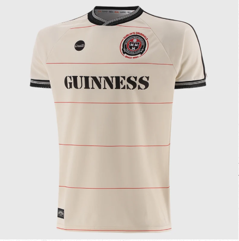 Front of cream Bohemians Guinness-style adult away jersey with red pinstripes